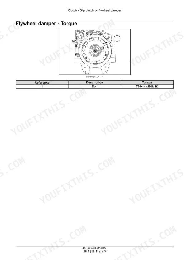 New Holland T7.290, T7.315 tractor flywheel damper bolt torque table with engine photo