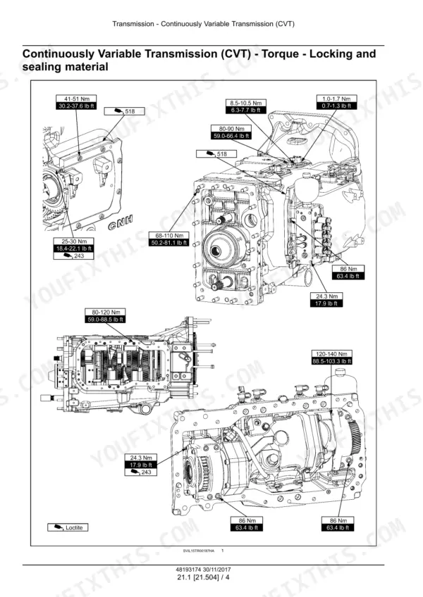 New Holland T7.290, T7.315 tractor continuously variable transmission torque values and thread locking points diagram