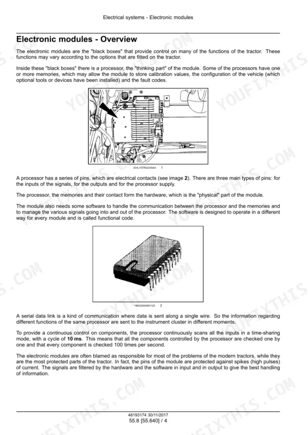 New Holland T7.290, T7.315 tractor electronic control modules overview with module photo and circuit chip