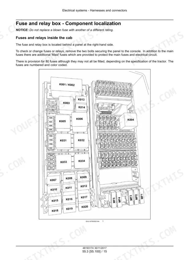 New Holland T7.290, T7.315 tractor fuse and relay box layout diagram inside the cab
