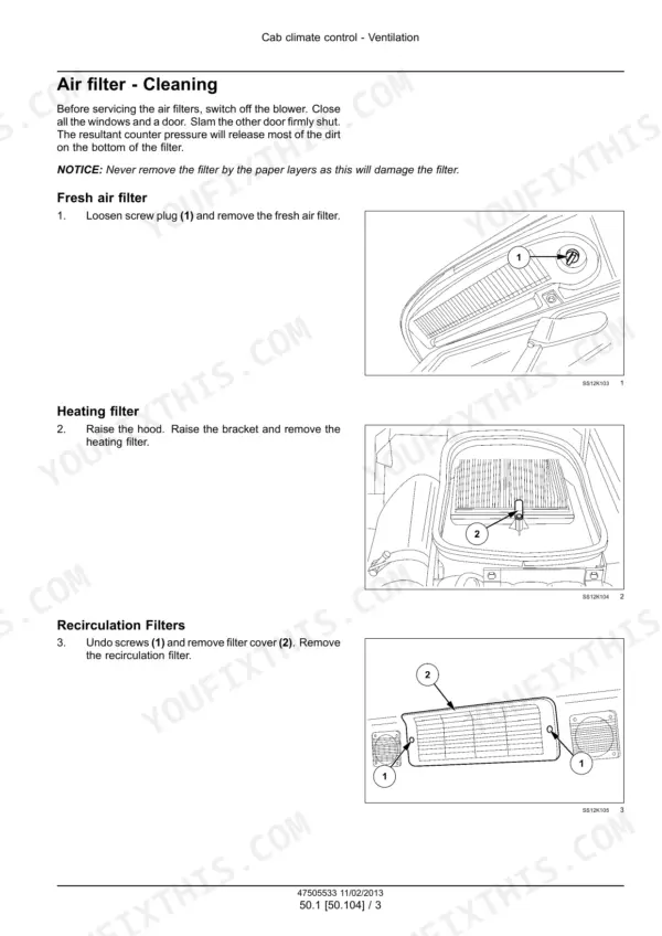 New Holland T7510-T7550 Series tractor cab air filter cleaning with fresh air, heating and recirculation filters