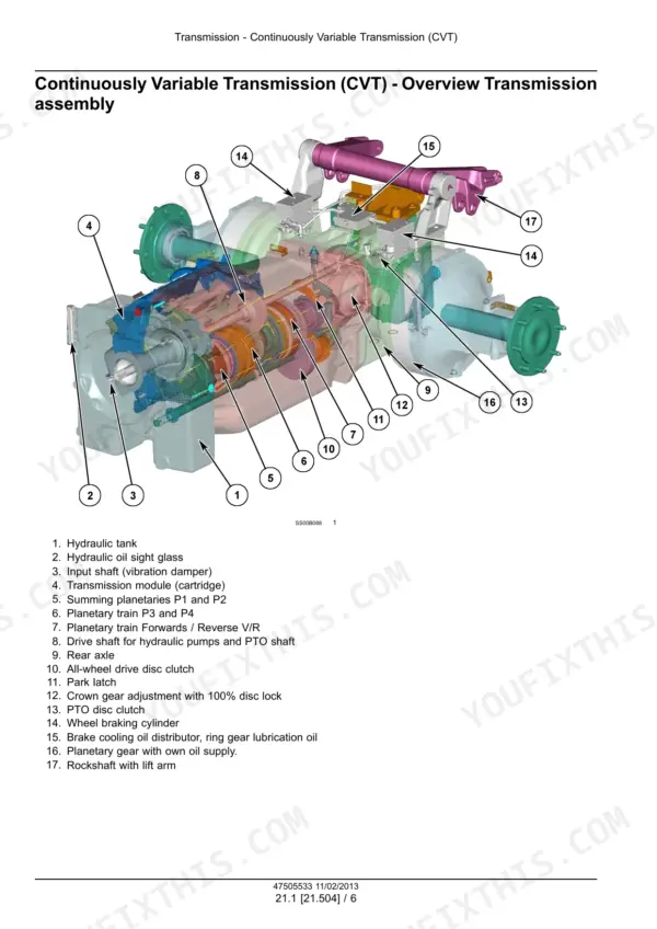 New Holland T7510-T7550 Series tractor continuously variable transmission cutaway with numbered components