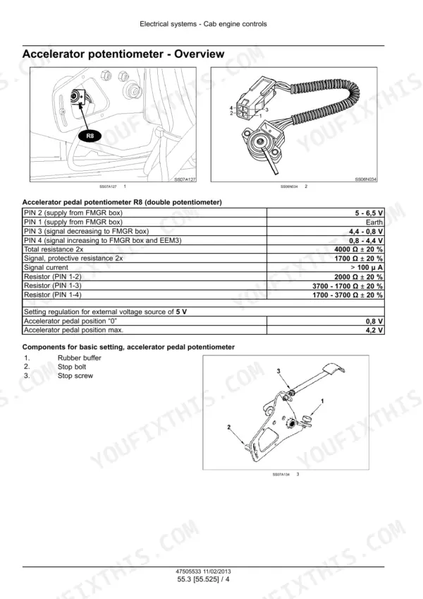 New Holland T7510-T7550 Series tractor accelerator pedal potentiometer pinout, resistance values and stop screw setting