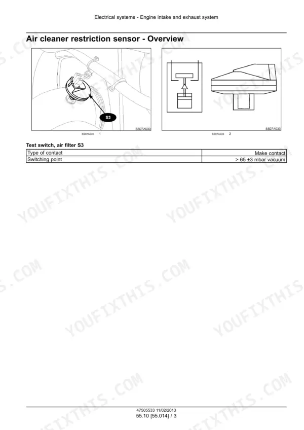 New Holland T7510-T7550 Series tractor air cleaner restriction sensor location and switching point specification