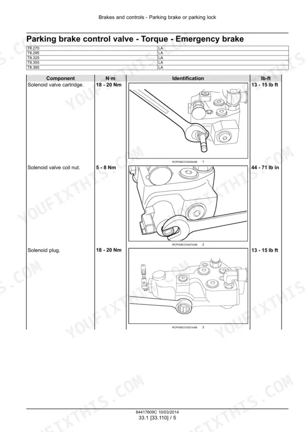 New_Holland_T8.270_T8.295_T8.325_T8.355_T8.385_Service_Manual_Tractor_84417609.pdf-brakes-and-controls-1402.webp New Holland T8.270-T8.385 Series tractor parking brake valve torque specifications with wrench illustrations