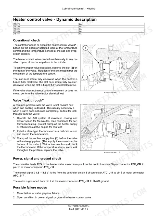New Holland T8.270-T8.385 Series tractor heater control valve operational check with photos and failure modes