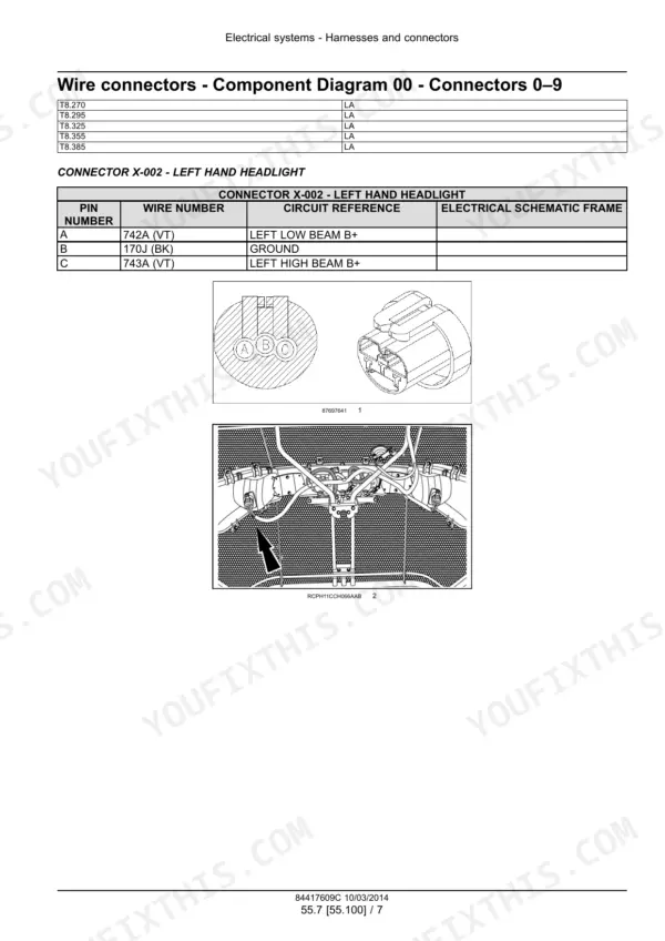 New Holland T8.270-T8.385 Series tractor headlight connector pinout table with wire references