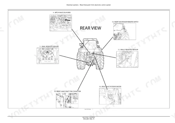 New Holland T8.270-T8.385 Series tractor rear view sensor and hitch component location diagram