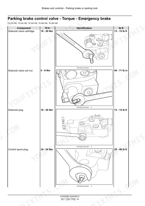 New_Holland_T8.275_T8.300_T8.330_T8.360_T8.390_T8.420_CVT_Service_Manual_Tractor_47533595.pdf-brakes-and-controls-1111.webp New Holland T8.275-T8.420 Series tractor parking brake control valve torque specifications with tool illustrations