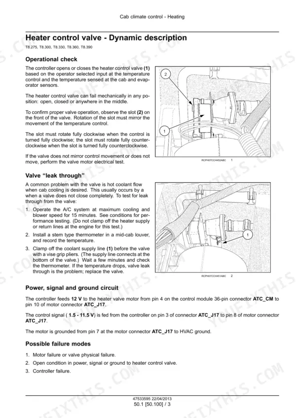 New Holland T8.275-T8.420 Series tractor heater control valve operational check and leak test procedure