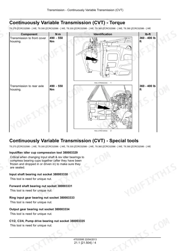 New Holland T8.275-T8.420 Series tractor CVT housing torque values and special tool list