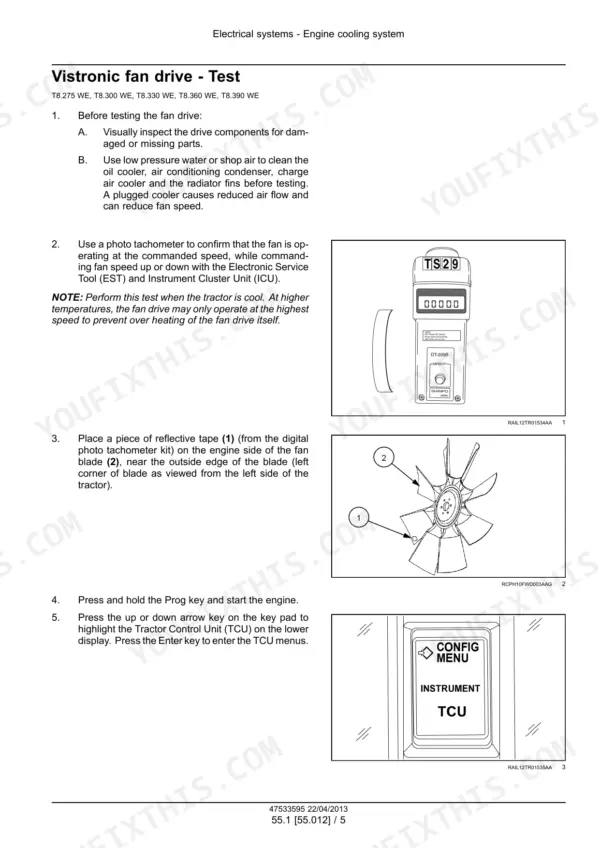 New Holland T8.275-T8.420 Series tractor fan drive test procedure with tachometer and control menu
