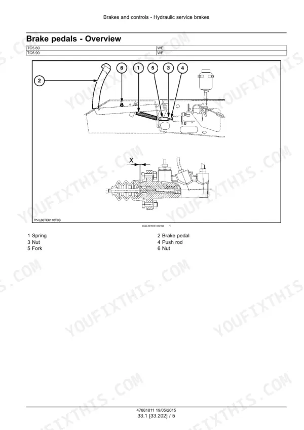 New Holland TC4.90, TC5.70, TC5.80, TC5.90 combine brake pedal assembly with spring, push rod and master cylinder section