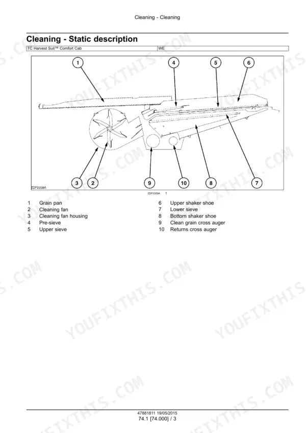 New Holland TC4.90, TC5.70, TC5.80, TC5.90 combine cleaning system sieves, fan and shaker shoe component diagram
