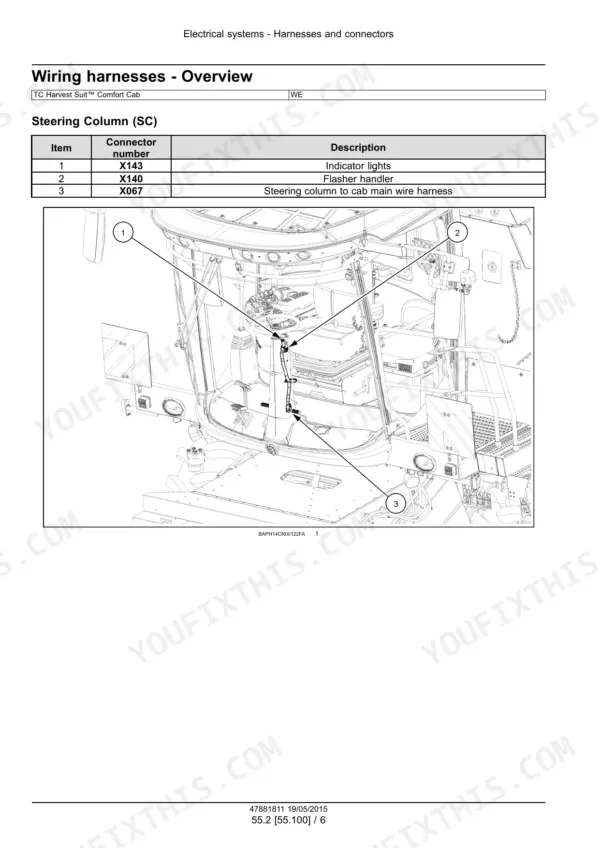 New Holland TC4.90, TC5.70, TC5.80, TC5.90 combine steering column wiring harness connector table and cab connector locations