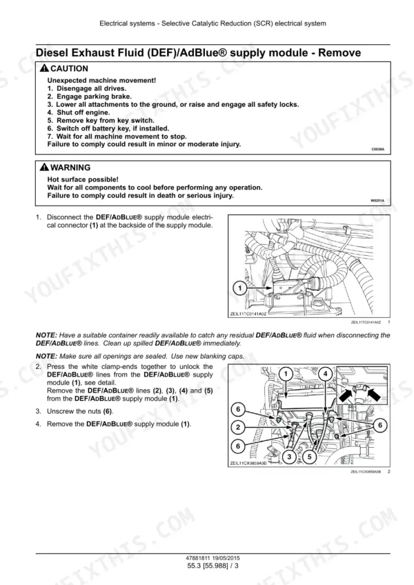 New Holland TC4.90, TC5.70, TC5.80, TC5.90 combine diesel exhaust fluid supply module removal with safety warnings and line connections