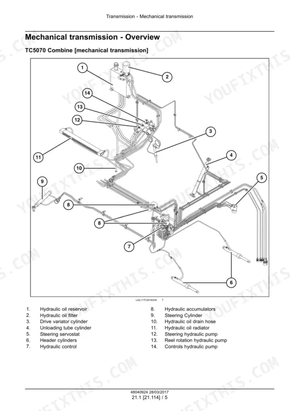 New Holland TC5090 combine hydraulic brake master cylinder and pedal layout diagrams
