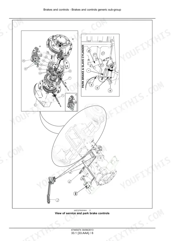 New_Holland_TD5.65_TD5.75_TD5.85_TD5.95_TD5.105_TD5.115_Tractor_Service_Manual_47445474.pdf-brakes-and-controls-679-1.webp New Holland TD5.65–TD5.115 tractor service and parking brake controls exploded view