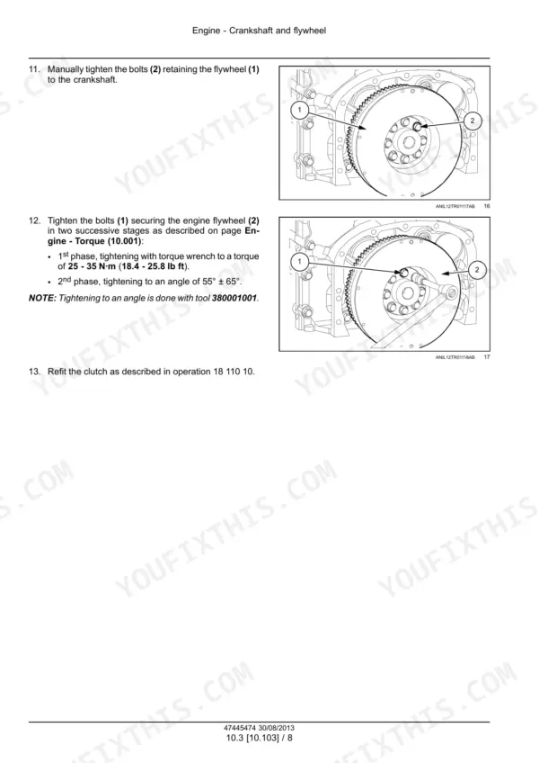 New Holland TD5.65–TD5.115 tractor tightening the flywheel bolts on the crankshaft