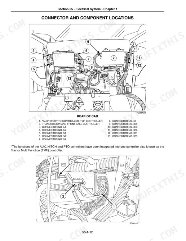 New Holland TG215-TG305 tractor rear of cab connector and component locations