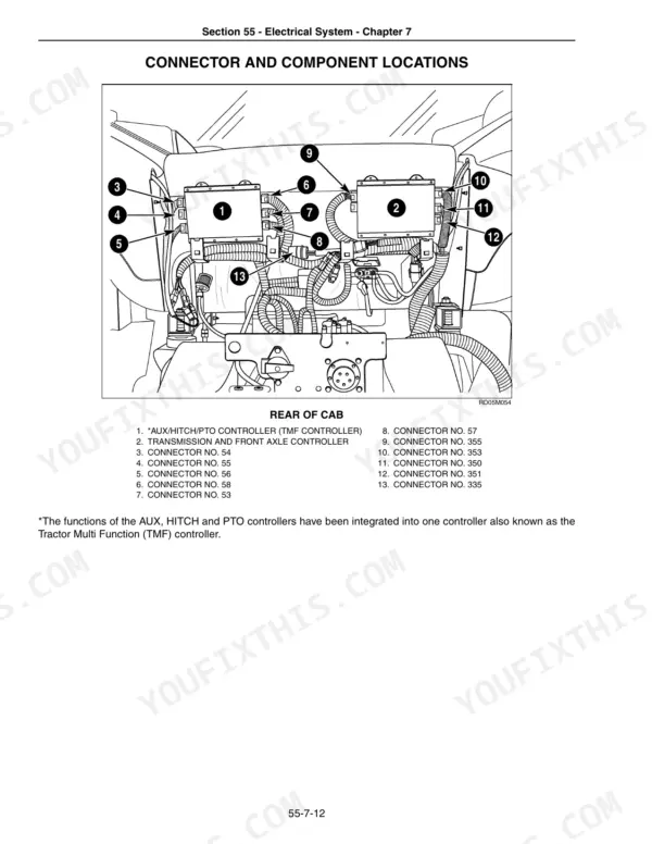 New Holland TG215-TG305 tractor rear of cab controller connector locations