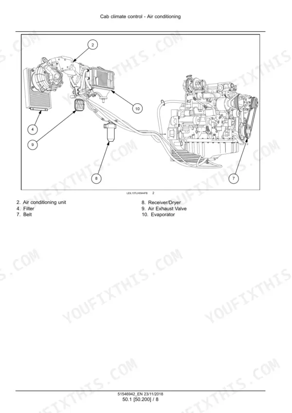 New Holland TH6.32-TH9.35 telehandler air conditioning unit components diagram on engine