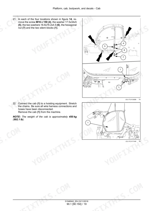 New Holland TH6.32-TH9.35 telehandler cab removal steps with mounting bolt and hoist diagrams