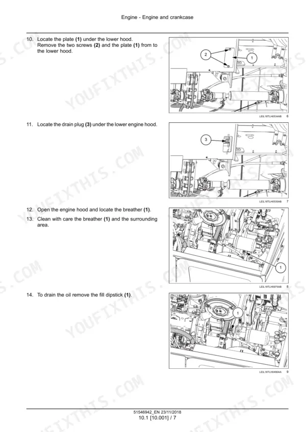 New Holland TH6.32-TH9.35 telehandler engine oil drain procedure with drain plug photos