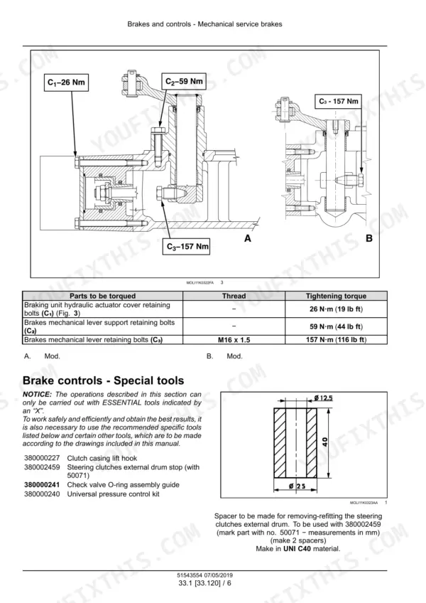 New Holland TK4.90–TK4.110M crawler tractor brake unit sectional drawings and torque table