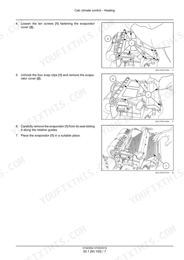 New Holland TK4.90–TK4.110M crawler tractor cab evaporator cover and evaporator removal