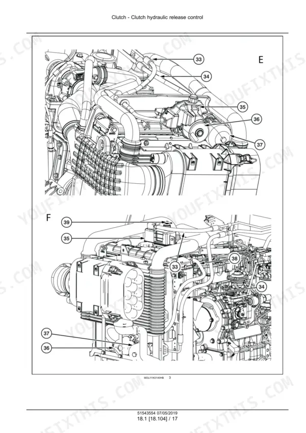 New Holland TK4.90–TK4.110M crawler tractor clutch hydraulic release lines in the engine bay