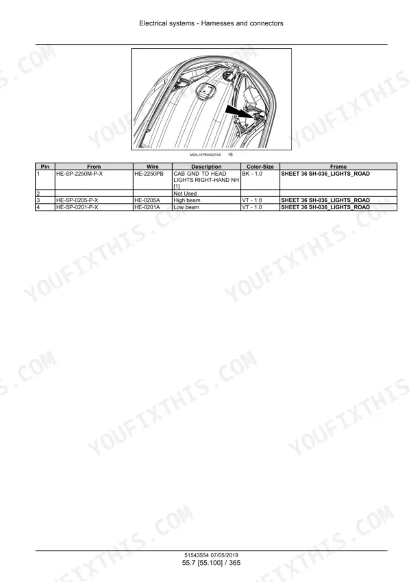 New Holland TK4.90–TK4.110M crawler tractor lighting harness connector pin table