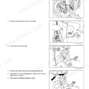 New Holland TL5.80, TL5.90, TL5.100 tractor numbered replacement steps with photos of battery, steering column cover, pedals and potentiometer