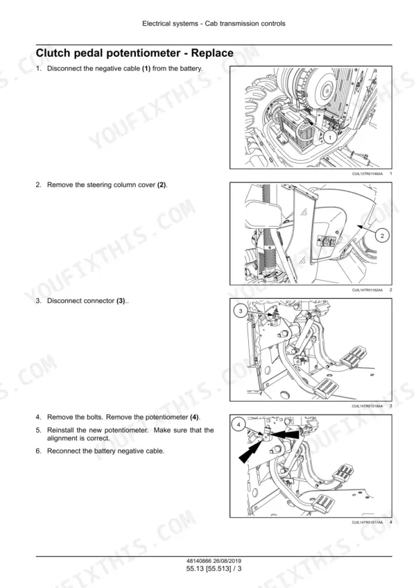 New_Holland_TL5.80_TL5.90_TL5.100_Tier_3_Service_Manual_Tractor_48140866.pdf-4wd-differential-lock-pto-brake-and-cluster-electrics-1424-1.webp New Holland TL5.80, TL5.90, TL5.100 tractor numbered replacement steps with photos of battery, steering column cover, pedals and potentiometer