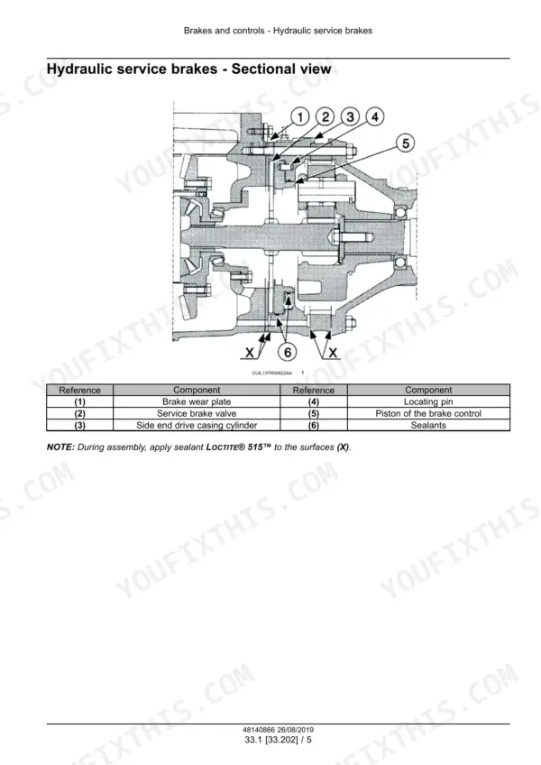 New Holland TL5.80, TL5.90, TL5.100 tractor sectional view of brake assembly with numbered parts, sealant surfaces and component table