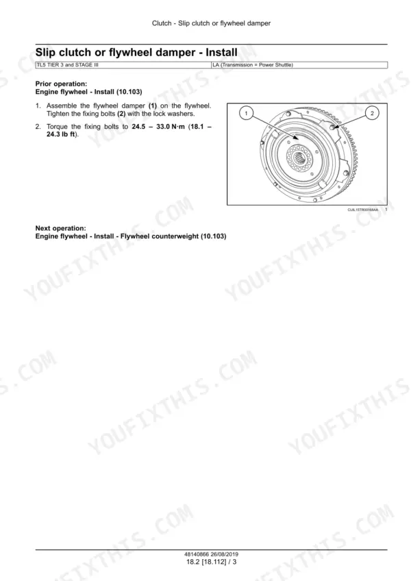 New Holland TL5.80, TL5.90, TL5.100 tractor flywheel damper installation step with numbered photo of damper, bolts and torque value