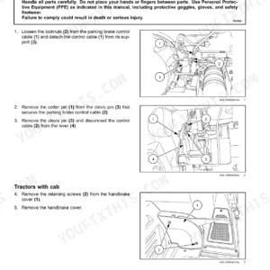 New Holland TS6.110–TS6.140 tractor parking brake control cable removal photos