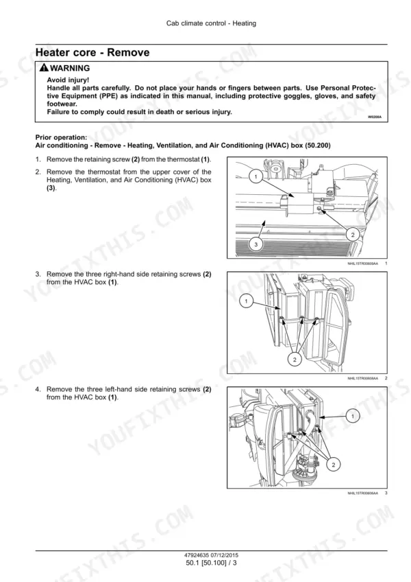 New Holland TS6.110–TS6.140 tractor heater core removal from the HVAC box photos