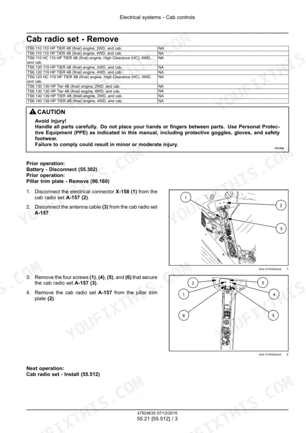 New Holland TS6.110–TS6.140 tractor cab radio removal photos with numbered fasteners