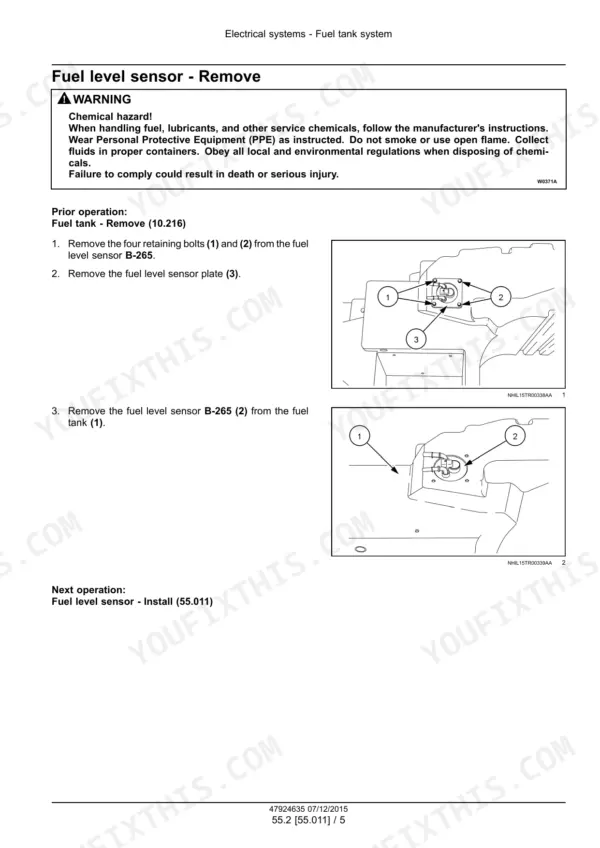 New Holland TS6.110–TS6.140 tractor fuel level sensor removal from the tank photos