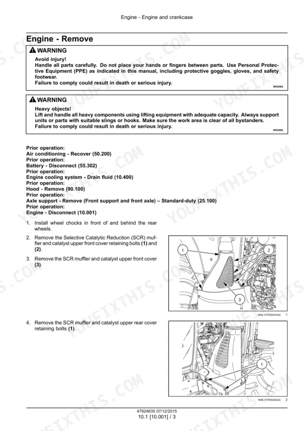 New Holland TS6.110–TS6.140 tractor engine removal photos with the SCR muffler cover