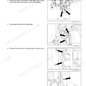 New Holland W190C, W230C wheel loader alternator removal steps with photos and arrows