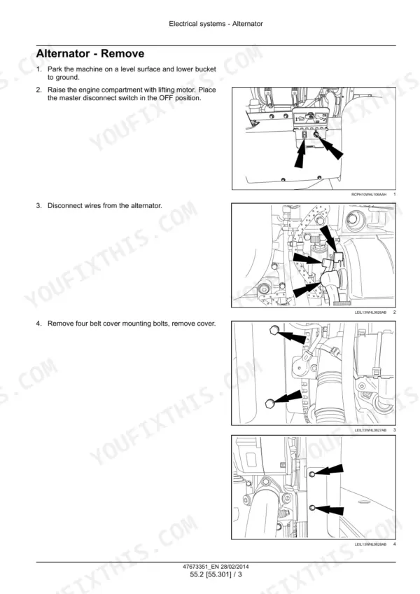 New_Holland_W190C_W230C_Service_Manual_Wheel_Loader_47673351.pdf-alternator-battery-and-emissions-electrics-1267.webp New Holland W190C, W230C wheel loader alternator removal steps with photos and arrows