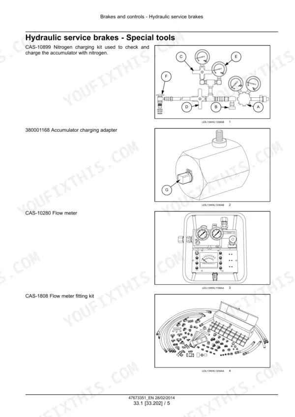 New Holland W190C, W230C wheel loader hydraulic brake special tools: nitrogen charging kit and flow meter