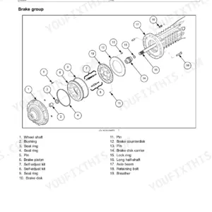 New Holland W50C–W80C compact wheel loader exploded view of brake group with numbered parts and parts list