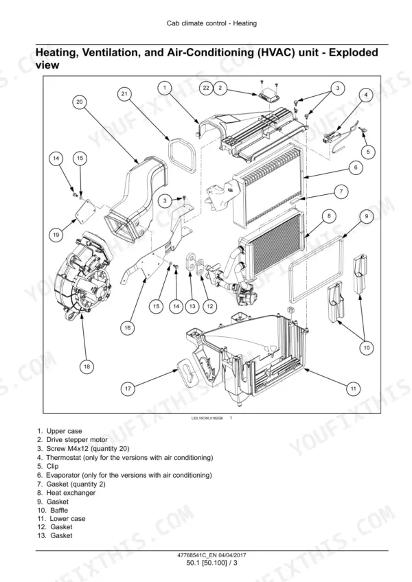 New Holland W50C–W80C compact wheel loader exploded view of heating and air-conditioning unit with numbered components and parts list