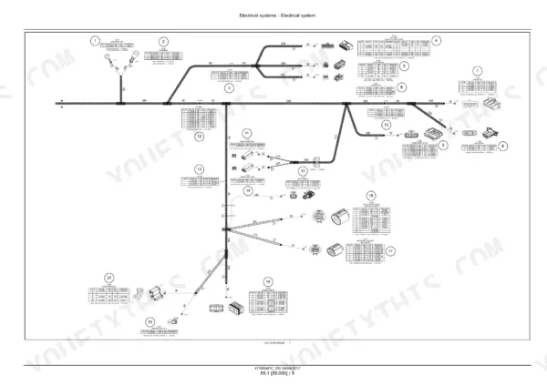New Holland W50C–W80C compact wheel loader wiring harness drawing with branch lengths, numbered connectors and pin tables