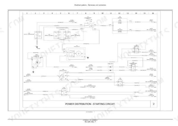 New Holland W50C–W80C compact wheel loader starting circuit wiring schematic with battery, starter, alternator, relays and fuse block