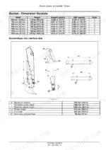 New Holland WE150B wheeled excavator bucket dimensions table with sizing diagrams of bucket, linkage and pins