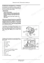 New Holland WE150B wheeled excavator parking brake emergency release instructions with numbered transmission and brake cutaway diagrams